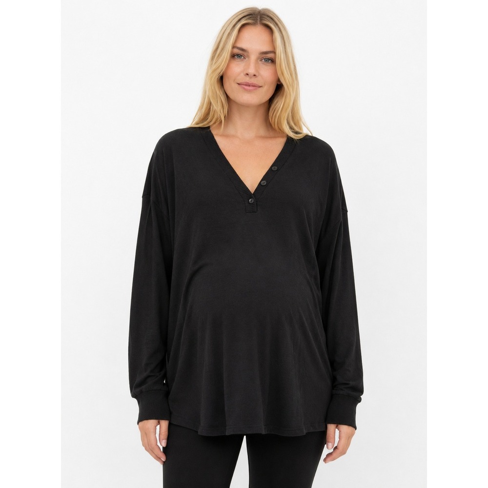 Gap Maternity Henley Top Womens XL Black Minimal Ribbed Trim Neutral Classic